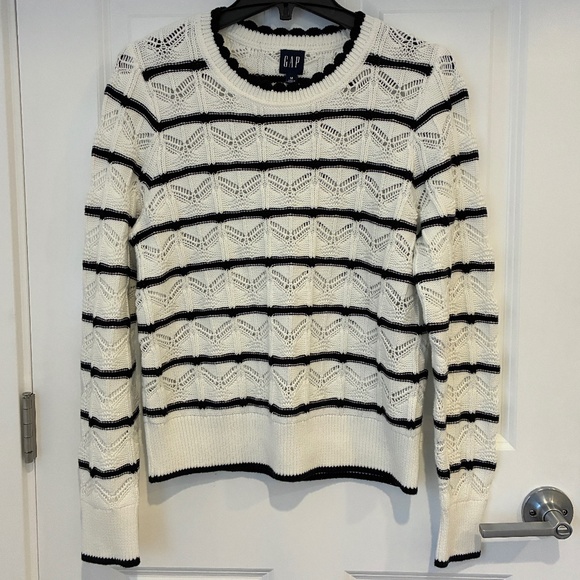 Gap Pointelle Knit White Striped Cotton Sweater M - Picture 3 of 7